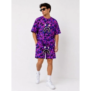 Erkek Oversize Kalıp Pubg Bape X hark Nakışlı Cepli Şort Takım  or