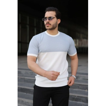 Erkek Renk Bloklu Bisiklet Yaka Kısa Kollu Triko Tişört