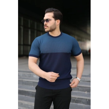 Erkek Renk Bloklu Bisiklet Yaka Kısa Kollu Triko Tişört