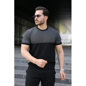 Erkek Renk Bloklu Bisiklet Yaka Kısa Kollu Triko Tişört