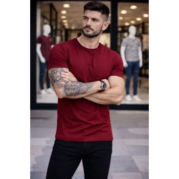 Erkek Thirt Bisiklet Yaka lim Fit Dar Kesim ikralı Tişört Günlük Basic Body  Bordo