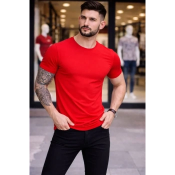 Erkek Thirt Bisiklet Yaka lim Fit Dar Kesim ikralı Tişört Günlük Basic Body  Kırmızı