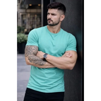 Erkek Thirt Bisiklet Yaka lim Fit Dar Kesim ikralı Tişört Günlük Basic Body  Turkuvaz