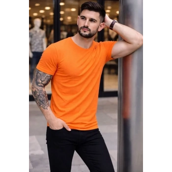 Erkek Thirt Bisiklet Yaka lim Fit Dar Kesim ikralı Tişört Günlük Basic Body  Turuncu