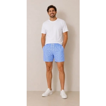 ERKEK u Yolu Çizgili Şort Ön Arka Cepli astikli Bel Regular Fit Yazlık Şort  avi