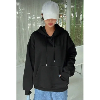 Erkek Uzun Kol Kapşonlu Basic weatshirt Hoodie  iyah