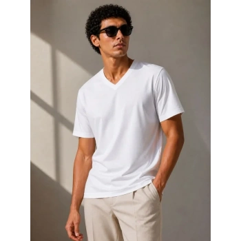 Erkek V Yaka Basic Tişört Kısa Kol Yazlık Regular Fit Thirt  Beyaz