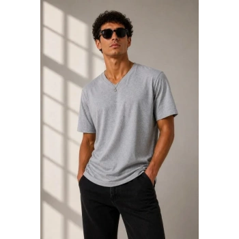 Erkek V Yaka Basic Tişört Kısa Kol Yazlık Regular Fit Thirt  Gri