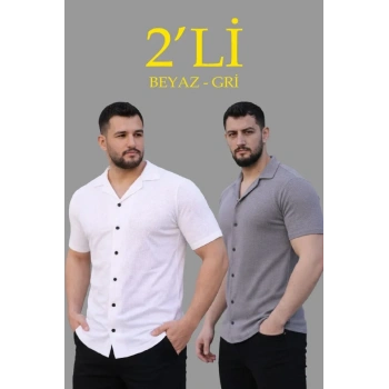 Erkek Waffle Dokuma Açık Yakalı Düğmeli Regular Kalıp 2’li Gömlek eti  Beyaz  Gri