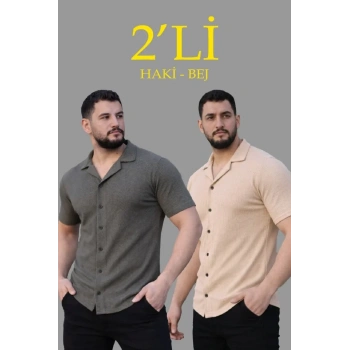 Erkek Waffle Dokuma Açık Yakalı Düğmeli Regular Kalıp 2’li Gömlek eti  Haki  Bej