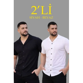 Erkek Waffle Dokuma Açık Yakalı Düğmeli Regular Kalıp 2’li Gömlek eti  iyah  Beyaz