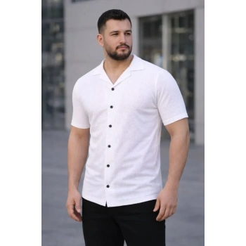 Erkek Waffle Kumaş Kısa Kollu Düğmeli Açık Yaka Regular Fit Gömlek  Beyaz