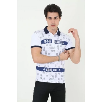 Erkek Yakalı lim Fit Baskılı Thirt  Beyaz