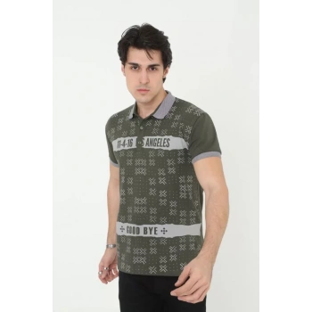 Erkek Yakalı lim Fit Baskılı Thirt  Haki