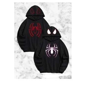 evgili Çift Kombini Örümcek Baskılı Kapüşonlu weatshirt Hoodie  iyah