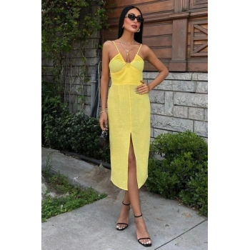 Göğsü Aksesuarlı Önü Yırtmaçlı Elbise 2899