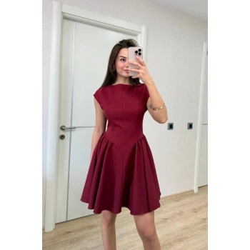 ırt Dekolteli Çan Detaylı ini Elbise  Bordo