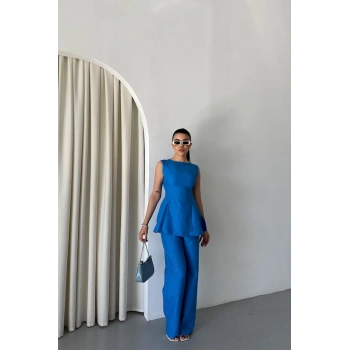 JAKAR KETEN KOLUZ BLUZPANTOLON TK  Mavi