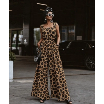 Kadın Askılı Kare Yakalı Desenli Kemersiz Uzun Süprem Tulum