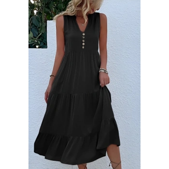 Kadın Askılı V Yakalı önden Düğmeli Midi Viskon Elbise