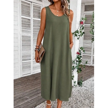 Kadın Askılı Yuvarlak Yakalı Cepli Uzun Bürümcük Elbise