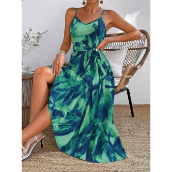 Kadın Ip Askılı V Yakalı Belden Kuşaklı Uzun Desenli Süprem Elbise