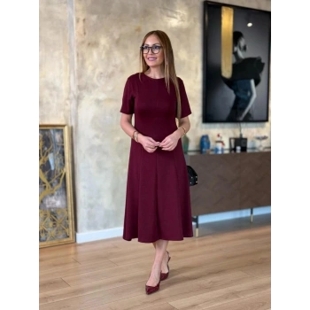 Kadın Kısa Kollu Bisiklet Yaka Midi Viskon Iki Iplik Elbise