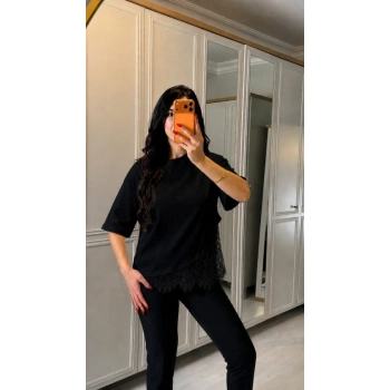 Kadın Kısa Kollu Bisiklet Yakalı Dantel Detaylı Viskon Iki Iplik Bluz