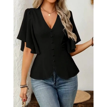 Kadın Kısa Kollu önden Düğmeli Ithal Krep Bluz