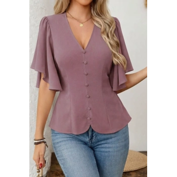 Kadın Kısa Kollu önden Düğmeli Ithal Krep Bluz