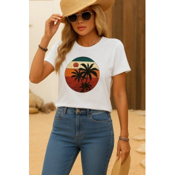 Kadın Kısa Kollu Palmiye Baskılı Viskon Tshirt