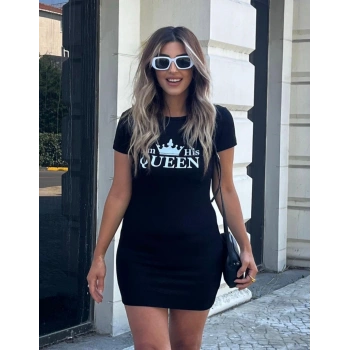Kadın Kısa Kollu Queen Baskı Iki Iplik Mini Elbise