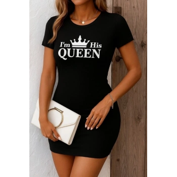 Kadın Kısa Kollu Queen Baskı Iki Iplik Mini Elbise
