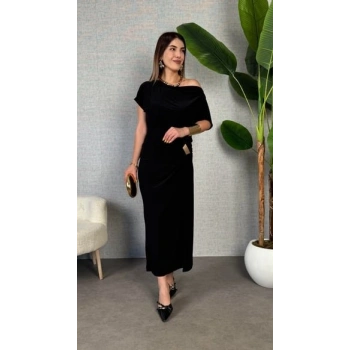 Kadın Kısa Kollu Tek Omuzdan Açık Beli Lastikli Sandy Maxi Elbise