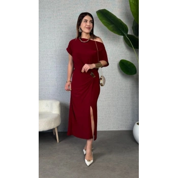 Kadın Kısa Kollu Tek Omuzdan Açık Beli Lastikli Sandy Maxi Elbise