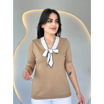 Kadın Kısa Kollu V Yaka Fular Detay Merserize Triko Bbluz