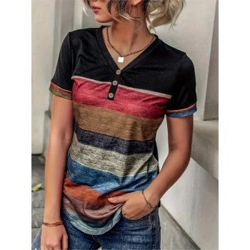 Kadın Kısa Kollu V Yakalı Düğmeli çok Renkli Süprem Bluz