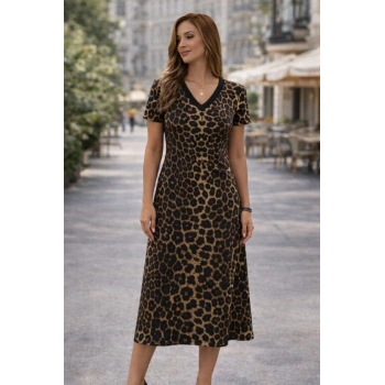 Kadın Kısa Kollu V Yakalı Leopar Desenli Kısa Süprem Elbise