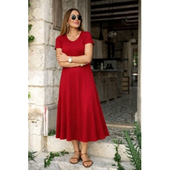 Kadın Kısa Kollu V Yakalı Yırtmaçlı Midi Viskon Elbise