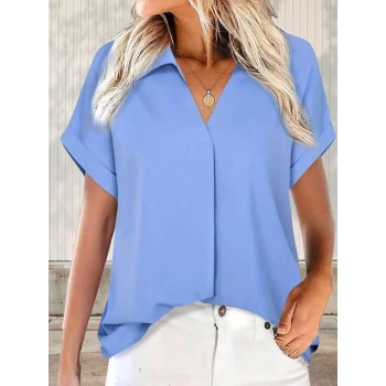 Kadın Kısa Kollu Yakalı Uzun Sandy Bluz