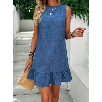 Kadın Kolsuz Bisiklet Yaka Fırfırlı Sofya Elbise