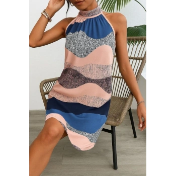 Kadın Kolsuz Boyundan Askılı Desenli Midi Süprem Elbise