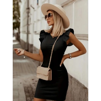 Kadın Kolsuz Omzu Volanlı Bisiklet Yaka Kaşkorse Mini Elbise