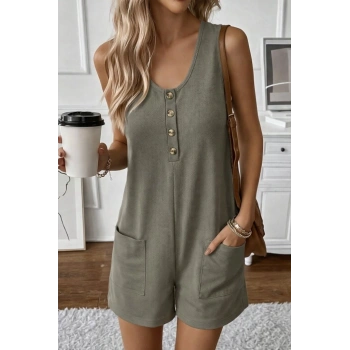 Kadın Omuz Askılı önden Düğmeli Waffle Kısa Tulum