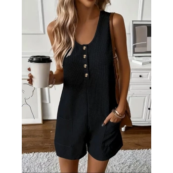 Kadın Omuz Askılı önden Düğmeli Waffle Kısa Tulum