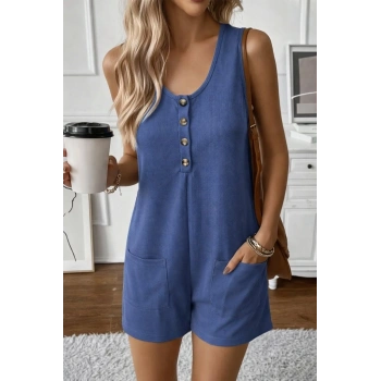 Kadın Omuz Askılı önden Düğmeli Waffle Kısa Tulum