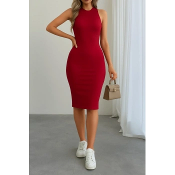 Kadın Omuzlardan Açık Bisiklet Yaka Janjan Krep Elbise