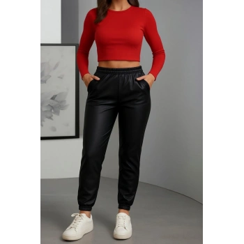 Kadın Paçası astikli Cep Detaylı Deri Tayt