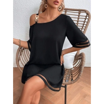 Kadın Tek Omuzdan Acık Askılı Tül şerit Detaylı Kısa Janjan Krep Elbise