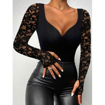 Kadın Uzun Kollu Dantelli Dekolte Detaylı Dalgıç Bluz